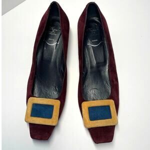 Roger Vivier Suede Square Toe Flats EU 39 US 9 Color Block Burgundy Yellow Blue